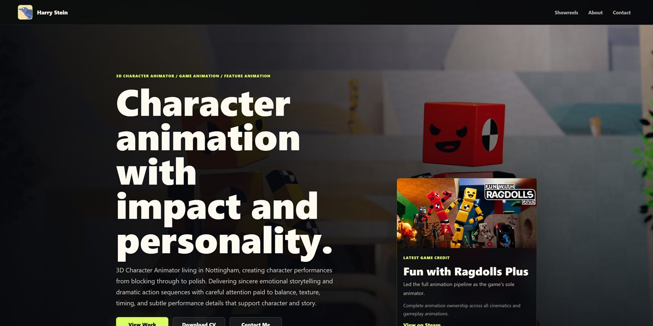Harry Stein's portfolio homepage: character animation with impact and personality