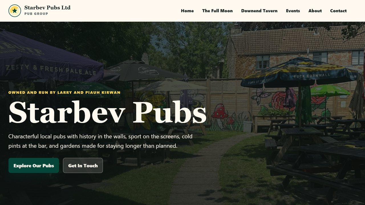 Starbev Pubs website homepage: characterful local pubs in Wells and Bristol